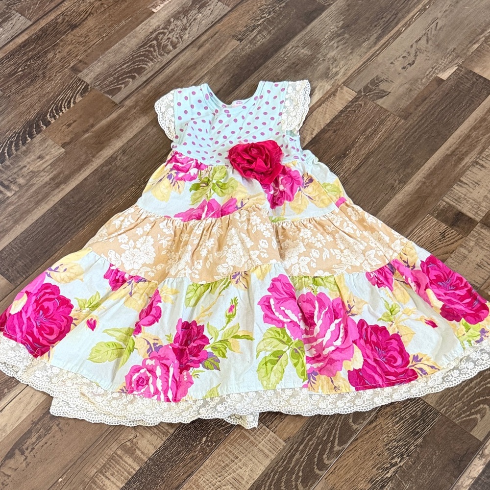 Giggle Moon Floral Tiered Ruffle Dress in Hot Pink, Cream, Yellow